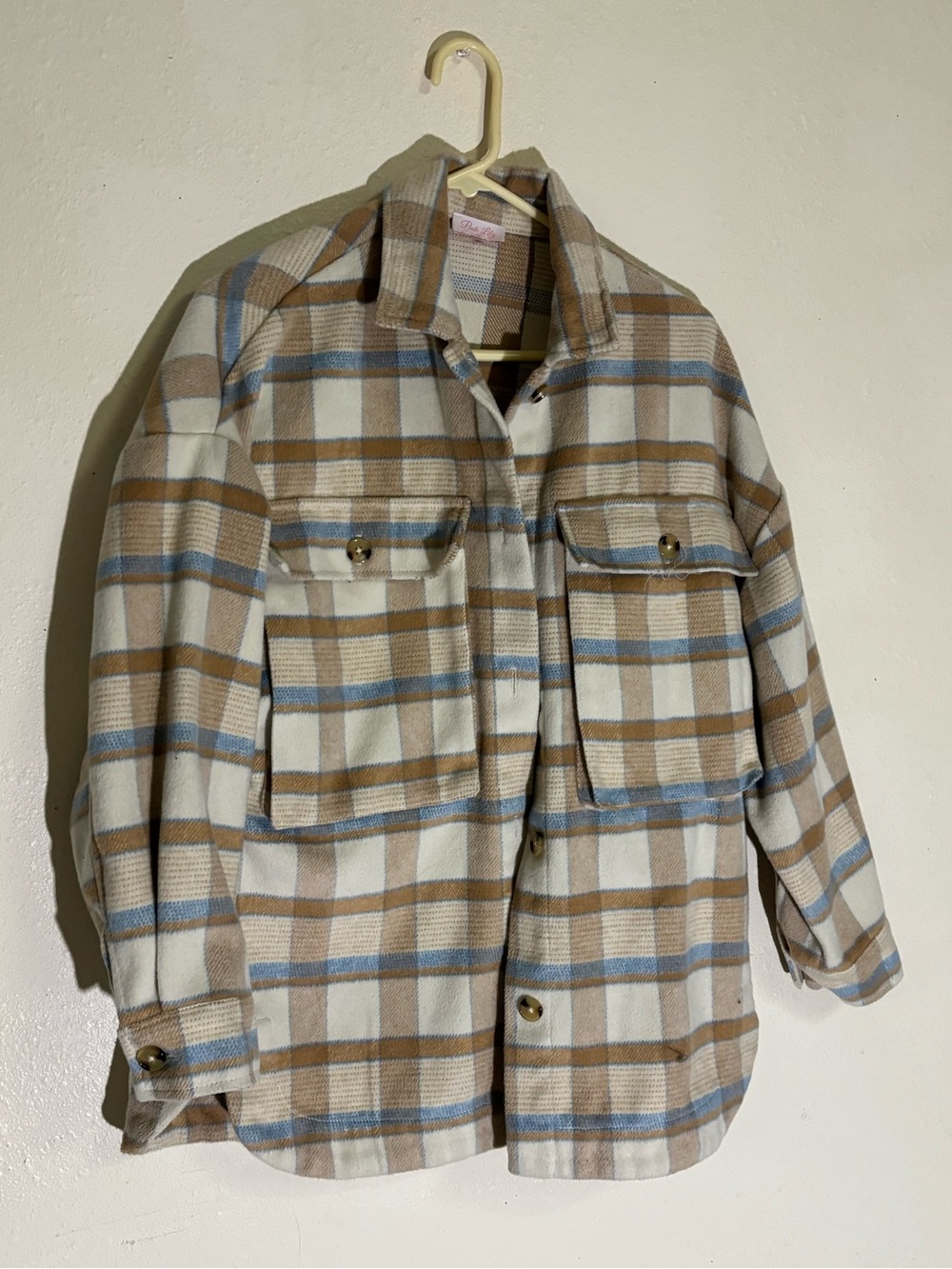 Pink Lily Plaid Shacket in Cream, Brown & Light Blue